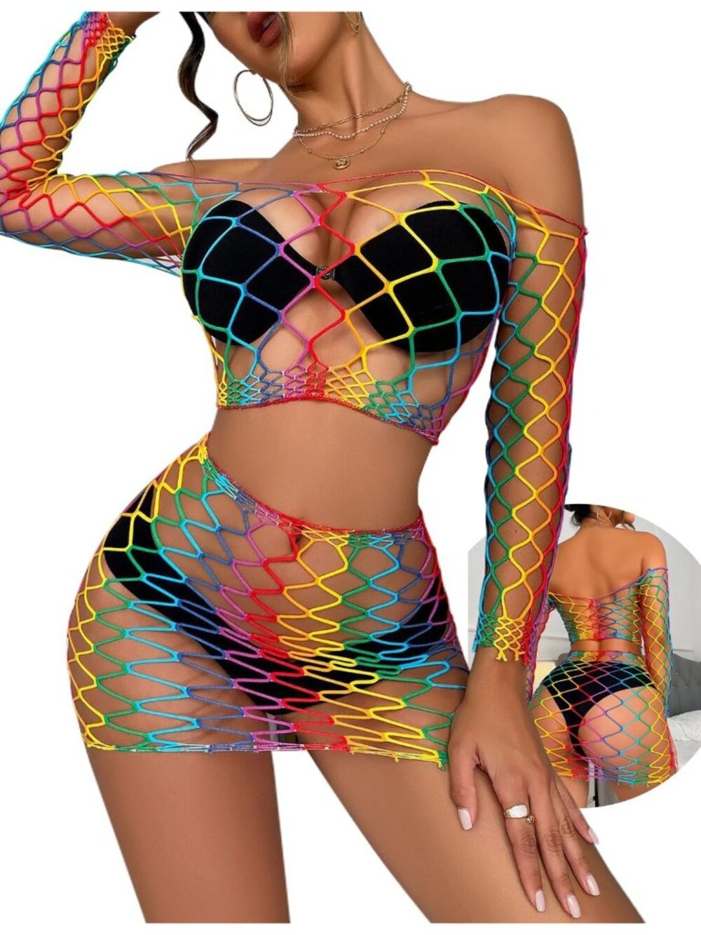 Womens Rainbow Sparkly Sheer Lingerie Set Micro Bra & G-String Bikini